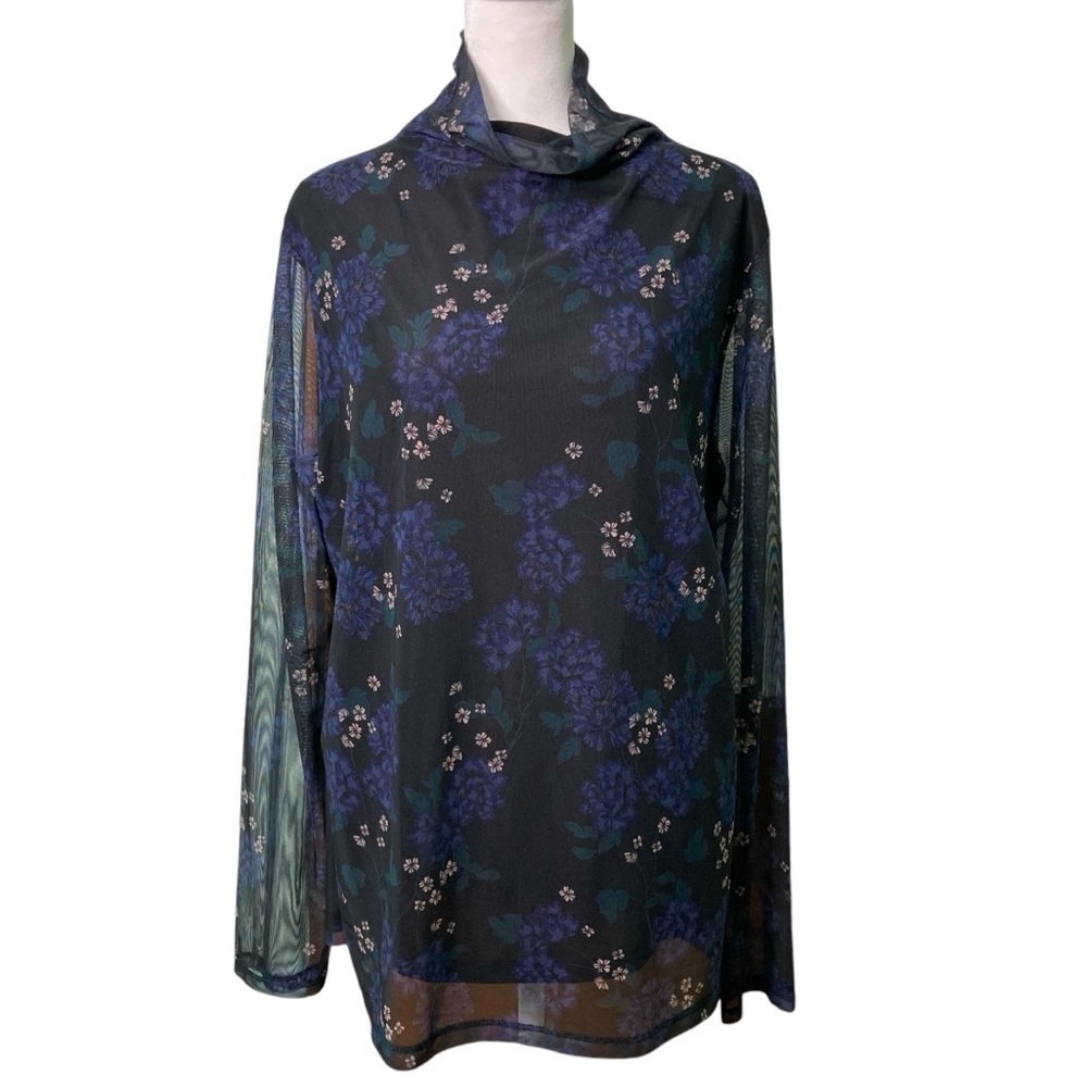 Ann Taylor Factory Black & Blue Dark‎ Floral Sheer Mock Neck Blouse (Size XXL)